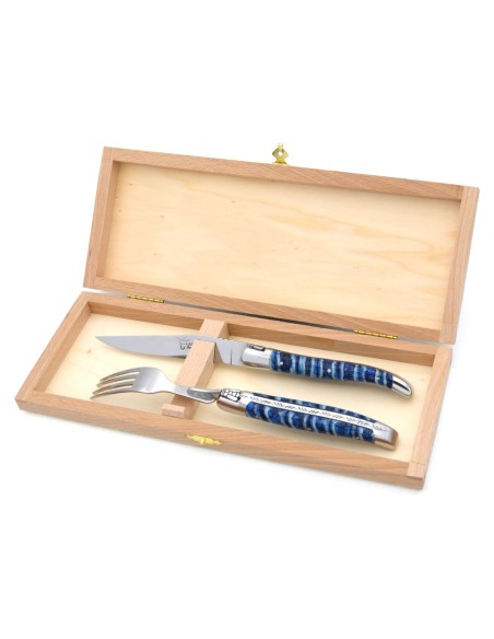 Coffret 1 couteau - 1 fourchette en molaire de mammouth bleu