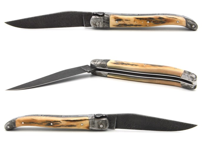 Laguiole Klappmesser 12 cm, Heftbacke und Klinge aus Damaststahl, Feder mit Meißel gemeißelt, Griff aus Warzenschweinzahn