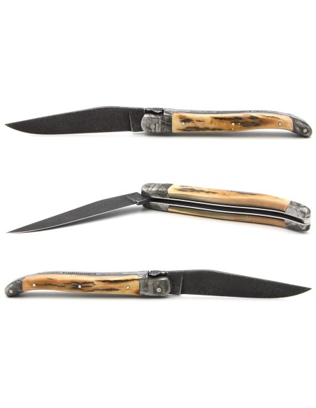 Laguiole folding knife 12 cm, damascus bolster and blade, chiselled spring, warthog tooth handle