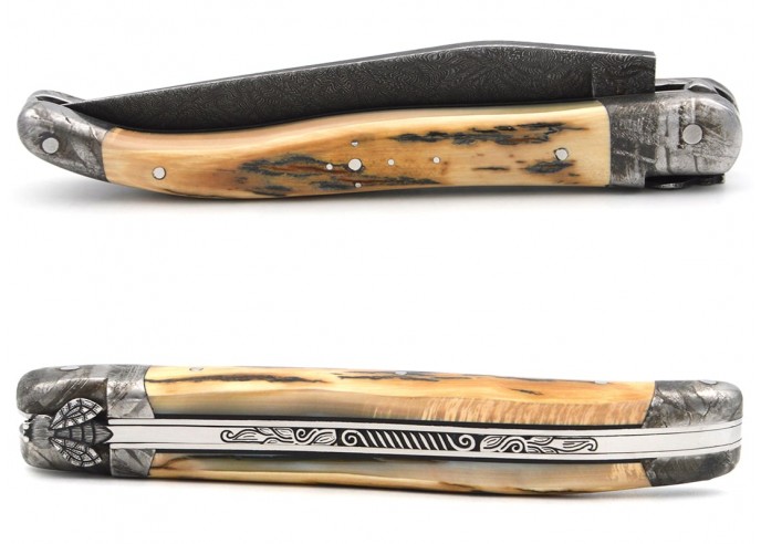 Laguiole folding knife 12 cm, 2 meteorite bolsters and damascus steel blade, chiselled spring, mammoth ivory handle
