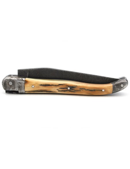 Laguiole pliant 12 cm, mitre et lame en acier damas, ressort ciselé au burin, manche en dent de phacochère