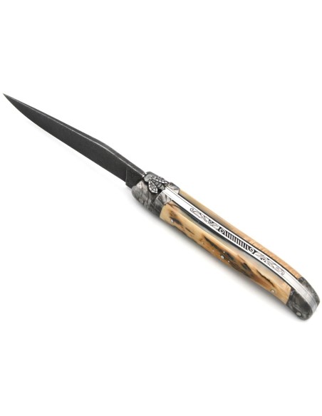Laguiole Klappmesser 12 cm, Heftbacke und Klinge aus Damaststahl, Feder mit Meißel gemeißelt, Griff aus Warzenschweinzahn