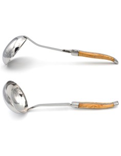 Laguiole ladle, wide olivewood handle with shiny stainless steel bolsters 2