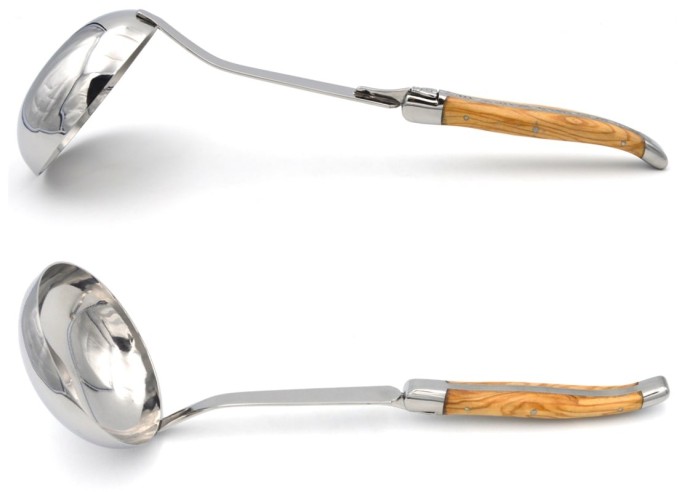 Laguiole Suppenkellen, Heftbacken aus glanzendem Edelstahl, breiterer Griff aus Olivenholz