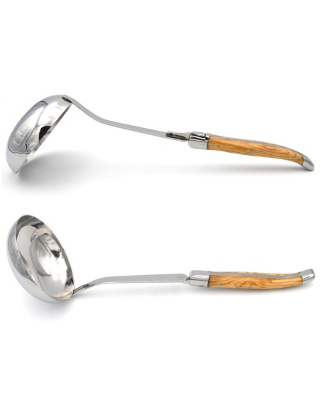 Laguiole Suppenkellen, Heftbacken aus glanzendem Edelstahl, breiterer Griff aus Olivenholz