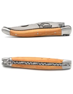 Laguiole pocket knife, 11 cm, forged bee, top and bottom chiseling, juniper handle with matt bolsters