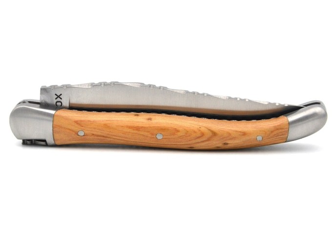 Laguiole pocket knife, 11 cm, forged bee, top and bottom chiseling, juniper handle with matt bolsters