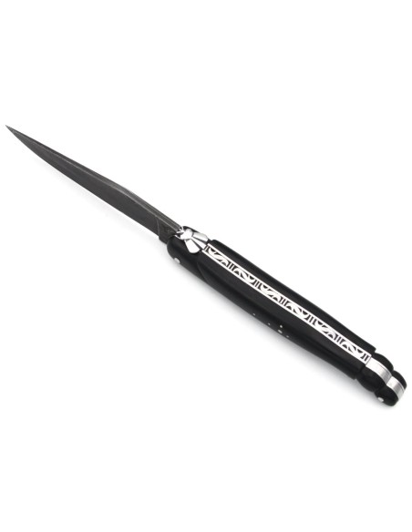 Laguiole pocket knife, 12 cm,  "wild" Damascus steel blade, horn tip sculptured in shape of scorpion tail full handle
