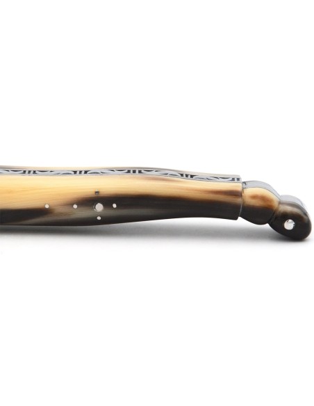 Laguiole pocket knife, 12 cm,  "wild" Damascus steel blade, horn tip sculptured in shape of scorpion tail full handle