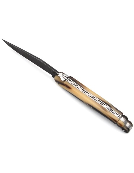 Laguiole Klappmesser, 12cm, Damast wildem Muster, voller Griff aus Hornspitze, aus Schwanz von Skorpion geschnitzter