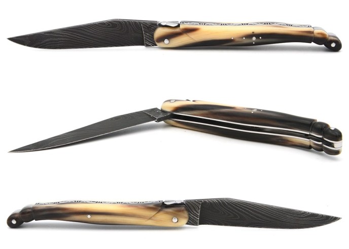 Laguiole pocket knife, 12 cm,  "wild" Damascus steel blade, horn tip sculptured in shape of scorpion tail full handle