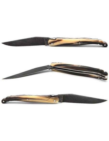 Laguiole Klappmesser, 12cm, Damast wildem Muster, voller Griff aus Hornspitze, aus Schwanz von Skorpion geschnitzter