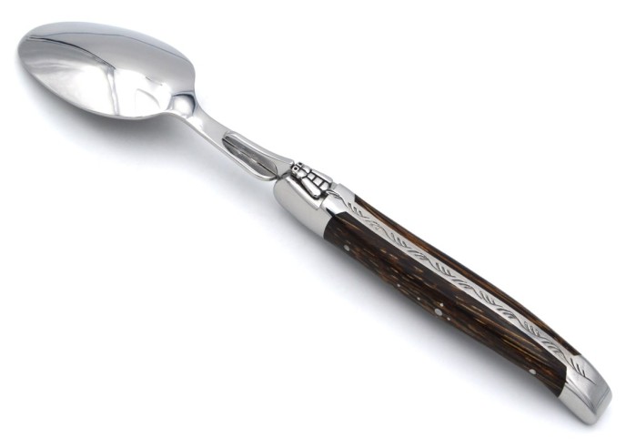 Laguiole soup spoon, wide various wood handles with shiny stainless steel bolsters