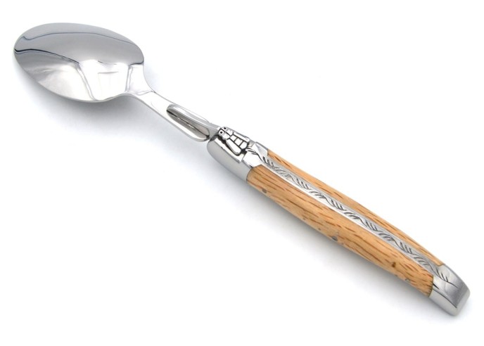Laguiole soup spoon, wide various wood handles with shiny stainless steel bolsters