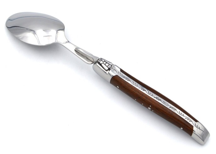 Laguiole soup spoon, wide various wood handles with shiny stainless steel bolsters