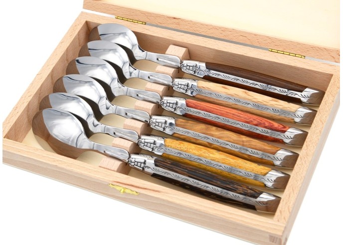 Laguiole soup spoon, wide various wood handles with shiny stainless steel bolsters