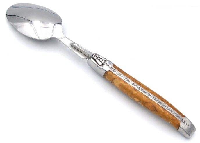 Laguiole soup spoon, wide various wood handles with shiny stainless steel bolsters