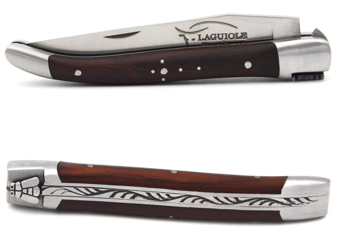 Laguiole pliant 10 cm, manche en bois de violette, abeille soudée, lame seule, finition inox brillant