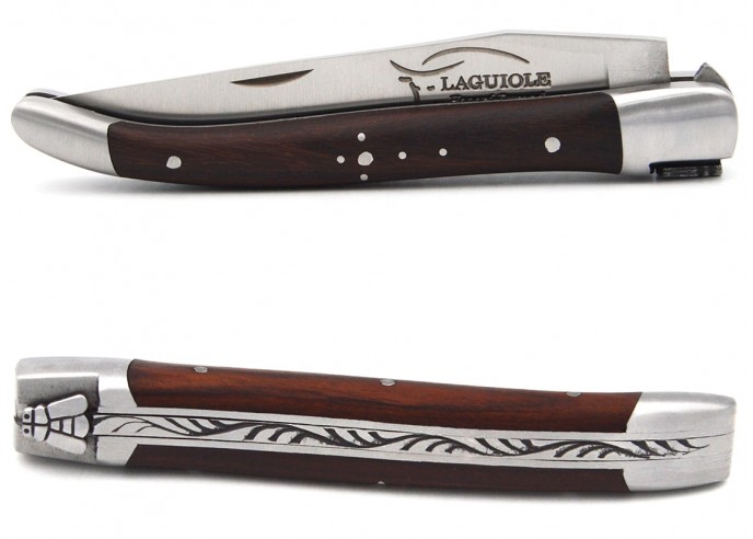 Laguiole pocket knife, 10 cm, purplewood handle, welded bee, shiny bolsters