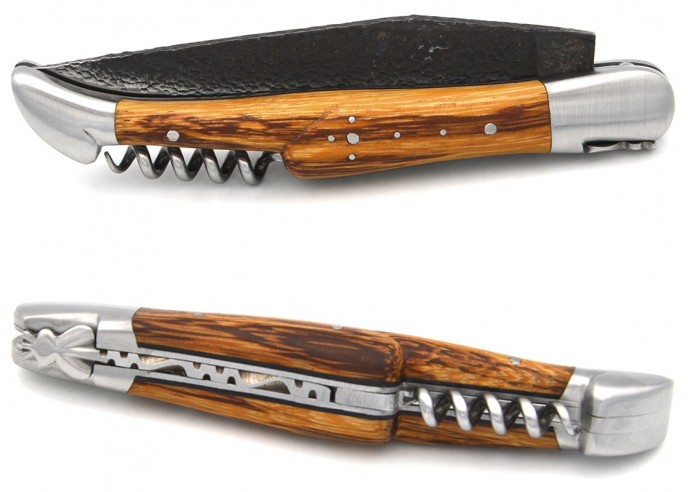 Laguiole pocket knife 12 cm, brut de forge blade and corkscrew, marblewood & black spacer handle, matt bolsters