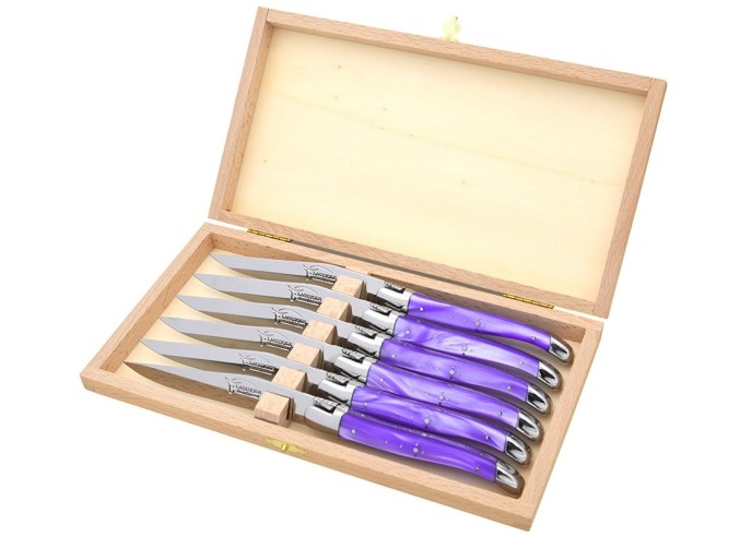 Laguiole Steakmesser, fein Griff aus violett perlmuttfarbenem Acryl