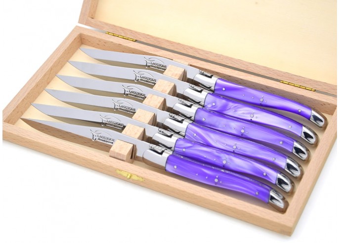 Laguiole steak knives. Slim pearly purple acrylic handles with shiny stainless steel bolsters