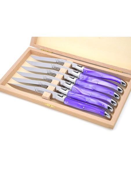 Laguiole Steakmesser, fein Griff aus violett perlmuttfarbenem Acryl