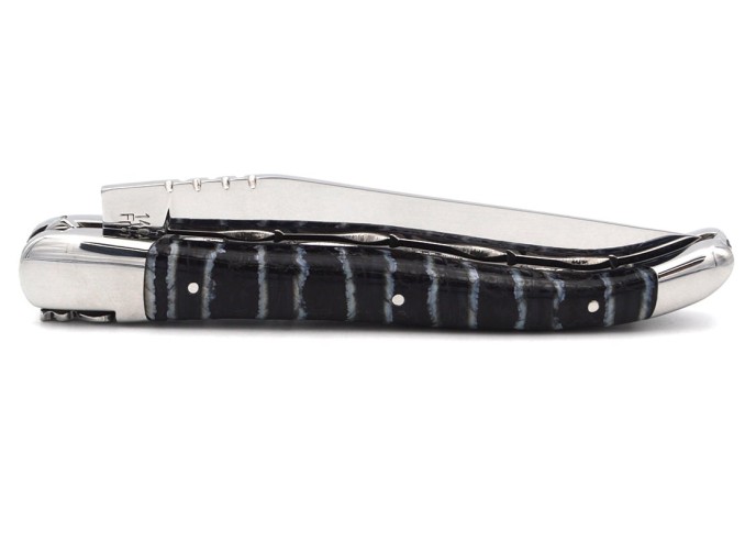 Laguiole knife 12 cm, chiseled double plates, black mammoth molar