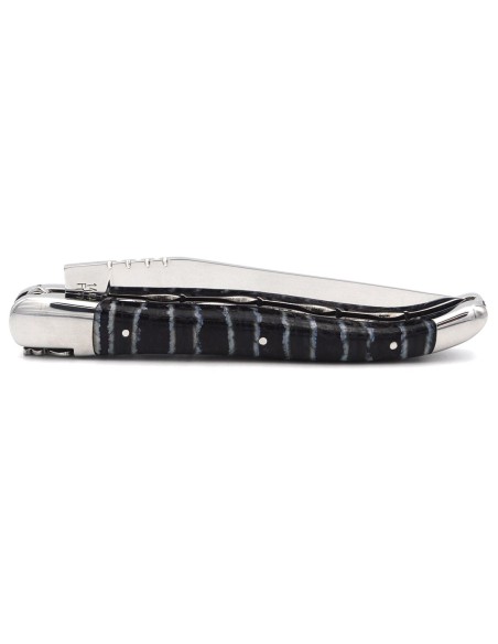 Laguiole 12 cm, doubles platines ciselées, molaire de mammouth noir