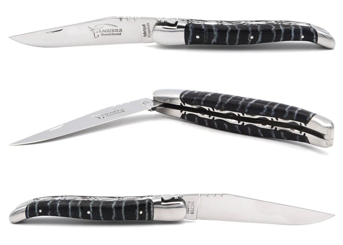 Laguiole knife 12 cm, chiseled double plates, black mammoth molar