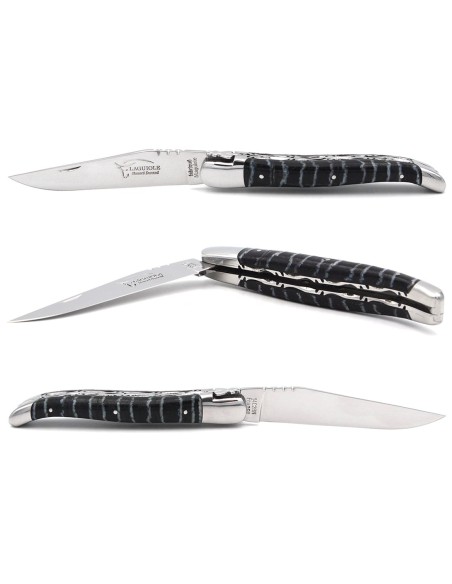 Laguiole knife 12 cm, chiseled double plates, black mammoth molar