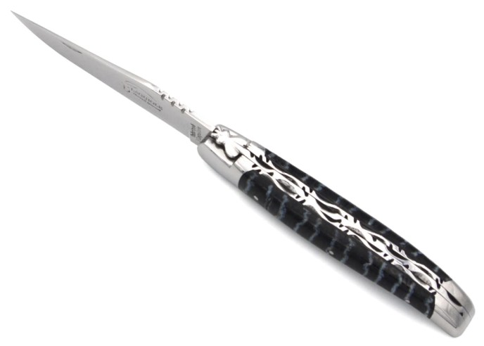 Laguiole knife 12 cm, chiseled double plates, black mammoth molar