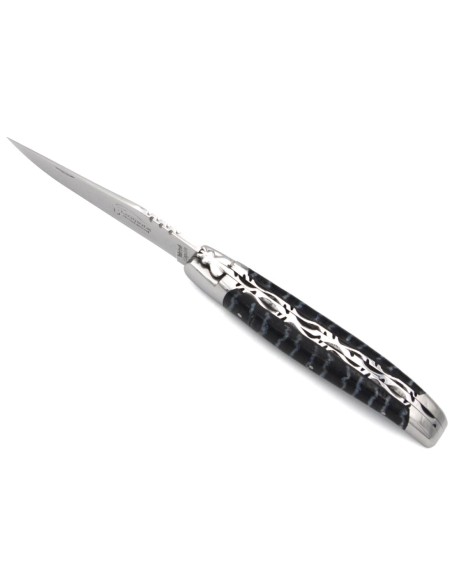 Laguiole 12 cm, doubles platines ciselées, molaire de mammouth noir
