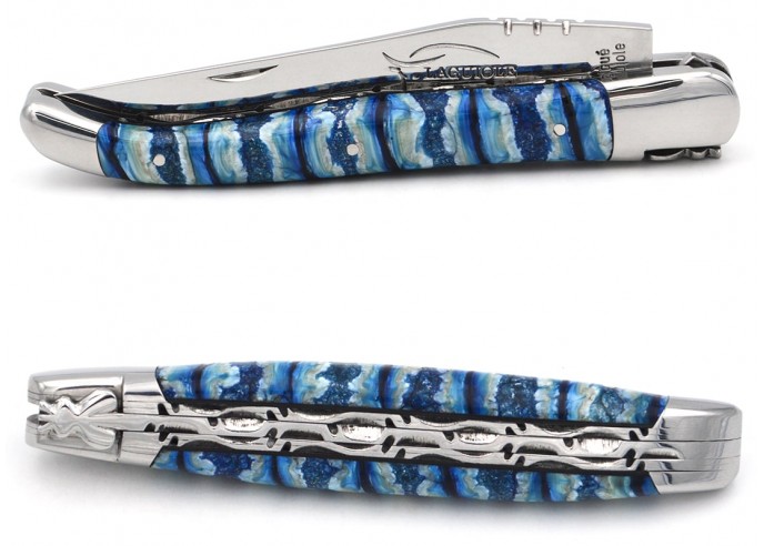 Laguiole pocket knife 12 cm, chiseled double plates, blue mammoth molar handle
