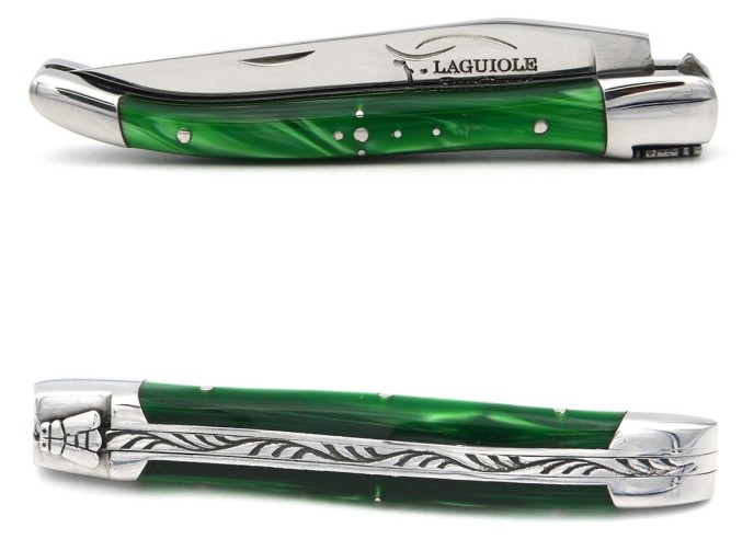 Laguiole pliant 10cm, abeille soudée, manche acrylique vert bouteille