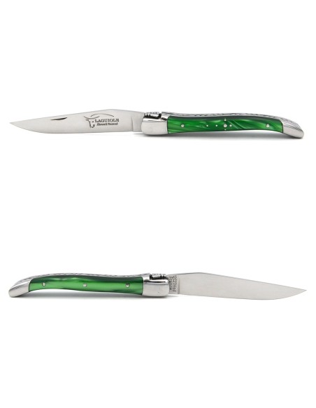 Laguiole pliant 10cm, abeille soudée, manche acrylique vert bouteille