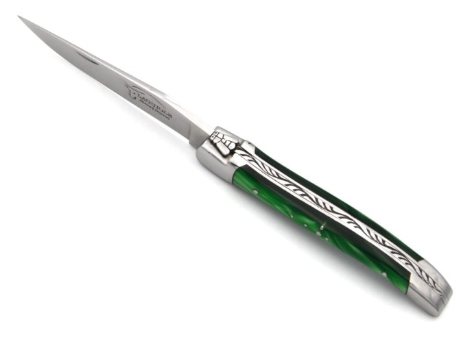Laguiole pliant 10cm, abeille soudée, manche acrylique vert bouteille