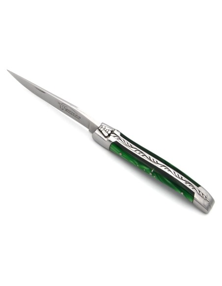 Laguiole pliant 10cm, abeille soudée, manche acrylique vert bouteille