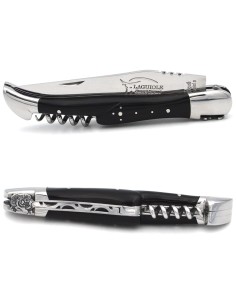 Laguiole 12 cm, tête de sanglier, lame et tire-bouchon, olivier