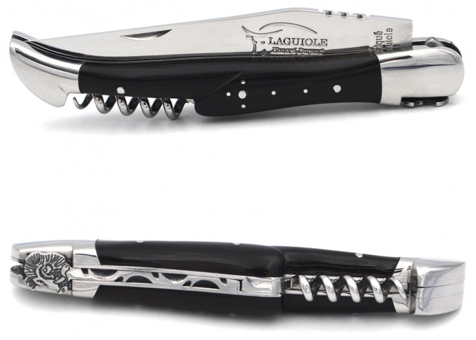 Laguiole pocket knife, 12 cm, boar, blade and corkscrew, dark horn tip  handle
