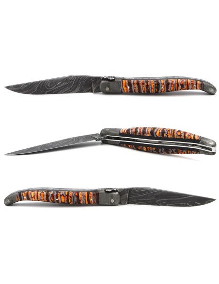 Orange Mammoth molar with Damascus steel bolsters