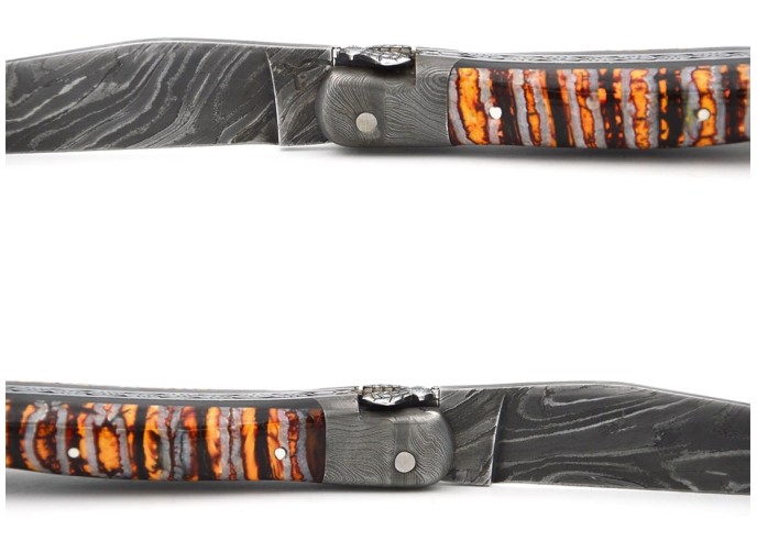 Orange Mammoth molar with Damascus steel bolsters
