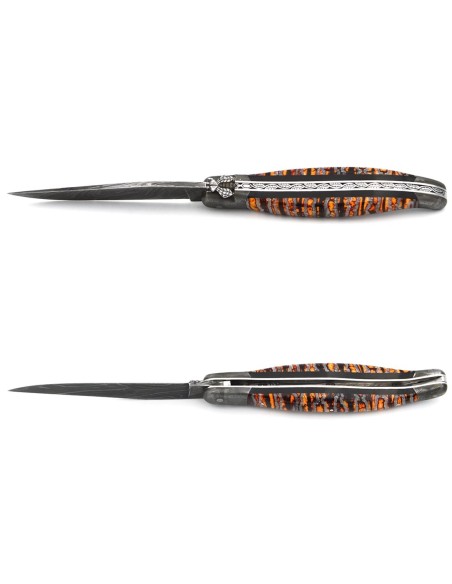 Orange Mammoth molar with Damascus steel bolsters