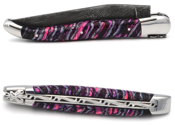 Laguiole pocket knife 12 cm, damascus steel blade, purple mammoth molar handle, forged bee, shiny stainless steel bolsters