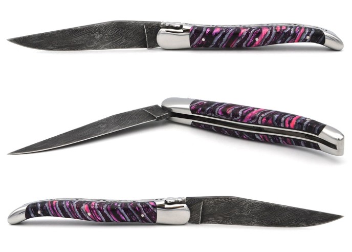 Laguiole Klappmesser 12cm, Damastklinge, Griff aus violettem Mammutmolar, geschmiedete Biene, Heftbacken aus Edelstahl