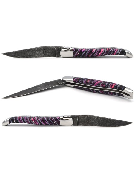 Laguiole pocket knife 12 cm, damascus steel blade, purple mammoth molar handle, forged bee, shiny stainless steel bolsters