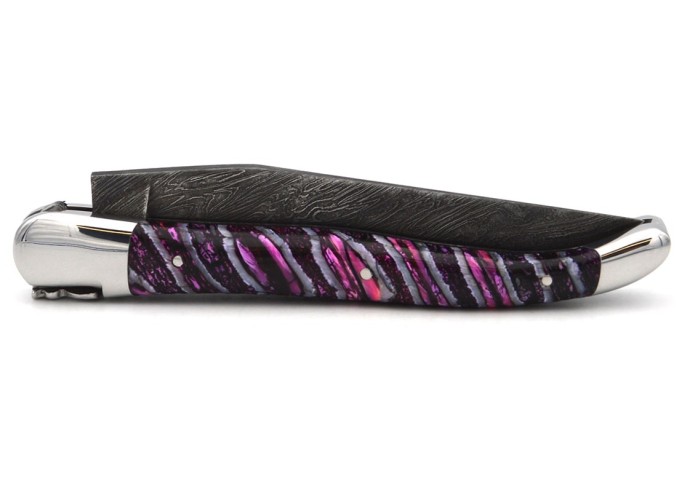 Laguiole Klappmesser 12cm, Damastklinge, Griff aus violettem Mammutmolar, geschmiedete Biene, Heftbacken aus Edelstahl