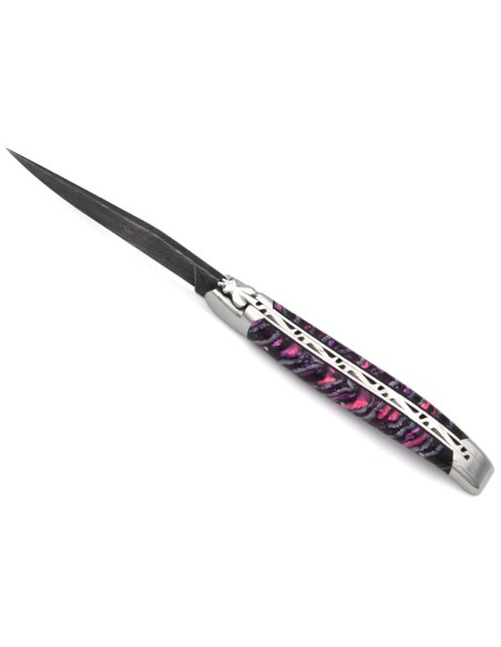 Laguiole Klappmesser 12cm, Damastklinge, Griff aus violettem Mammutmolar, geschmiedete Biene, Heftbacken aus Edelstahl