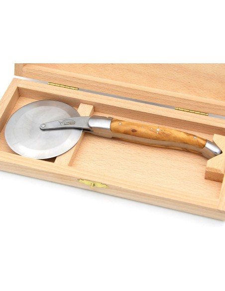 Roulette à pizza de Laguiole, manche bois d'olivier, finition inox mat