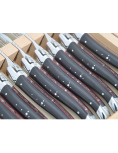 Laguiole steak knives, ebony wood & red spacer handle, shiny bolsters